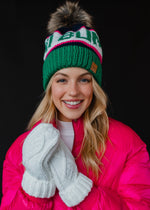 Green, Navy & Pink Ski Bum Pom Hat