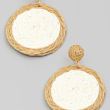 White Straw Braided Circle Drop Earrings