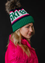 Green, Navy & Pink Ski Bum Pom Hat