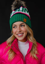 Green, Navy & Pink Ski Bum Pom Hat