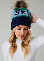 Green, Light Blue & Navy Ski Pom Hat