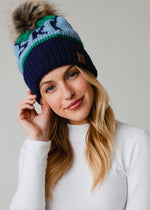 Green, Light Blue & Navy Ski Pom Hat