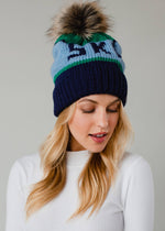 Green, Light Blue & Navy Ski Pom Hat