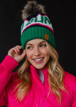 Green, Navy & Pink Ski Bum Pom Hat