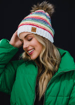 White & Rainbow Striped Pom Hat