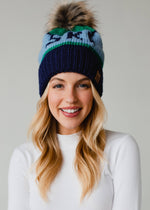 Green, Light Blue & Navy Ski Pom Hat