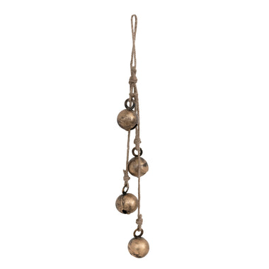 11-1/2"H Hanging Metal Jingle Bells with Jute Rope, Antique Brass Finish