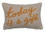 "Today is a Gift" Embroidered Cotton Lumbar Pillow