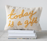 "Today is a Gift" Embroidered Cotton Lumbar Pillow